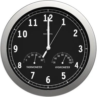 Produktbild von Radiogestuurde wanduhr ohne Piepton, große Küchenuhr, mit Feuchtigkeits- und Temperaturanzeige, 30,5 cm, schwarz/silber