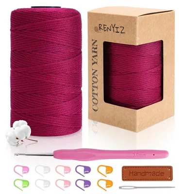Productafbeelding van Makramee garen, 2,5 mm, 250 gram, 210 meter, katoen, bordeauxrood, met haaknaald en accessoires