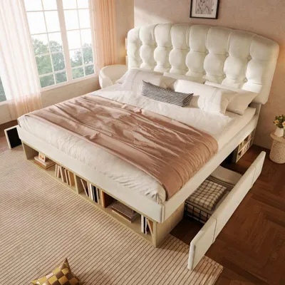 Produktbild von Polsterbett Samt mit Lattenrost und Stauraum, höhenverstellbares Kopfteil, Doppelbett mit Schubladen, Schlafzimmerbett ohne Matratze 140x190cm, Beige