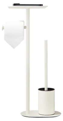 Image de Ensemble de brosse de toilettes sur pied en acier inoxydable, blanc – brosse de toilettes et porte-papier hygiénique, ensemble 3 en 1 avec tablette, design moderne