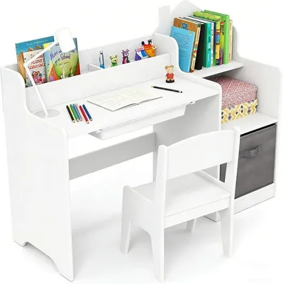 Imagen del producto de Escritorio infantil con silla, mesa de estudio para niños con estantería y cajón, set de escritorio para estudiantes, mesa y sillas para habitación infantil (blanco)
