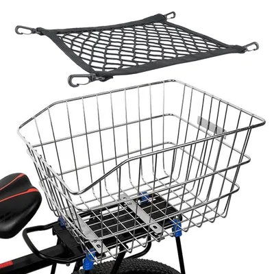 Immagine prodotto di Cestino posteriore per bicicletta, in acciaio inossidabile, con copertura antipioggia e rete portaoggetti, universale per portapacchi da bicicletta