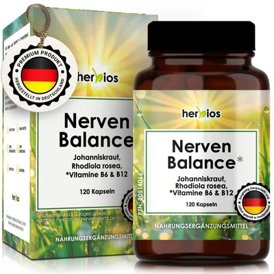 Produktbild von HERBIOS Johanniskraut & Rhodiola Rosea Komplex - 120 Kapseln für bis zu 4 Monaten mit L-Theanin, Vitamin B6 & B12 und Folsäure für Nerven & Stimmung