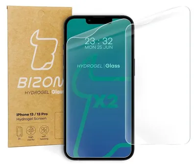 A product package for a Bizon Hydrogel screen protector for an iPhone 13/13 Pro, with a screen protector shown on a phone.