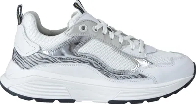 A single white sneaker with silver and zebra print accents is shown against a white background.