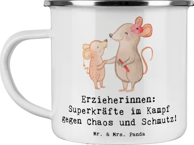 Produktbild von Mr. & Mrs. Panda Emaille Tasse Superheldin Erzieherin - Weiß - Geschenk, Teetasse, Berufspassion, Beruf, Heldinnen des Alltags, Dank an Erzieherinnen, metallbecher, für