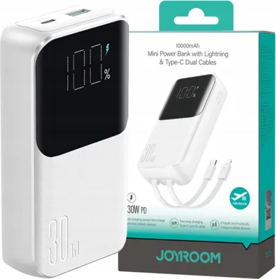 Immagine prodotto di Mini powerbank Joyroom Jr-Pbc06 con cavi Usb-C / Lightning integrati 30W 10000Mah - Bianco