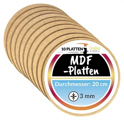 Produktbild von Creative Deco 10 Runde MDF Platten | 20 cm x 20 cm x 0,3 cm | Dünne Holz-Platten | Perfekt für Laser, CNC Router, Modellierung, Durchbrochenes, Laubsäge