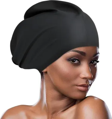 Produktbild von Badekappe für Lange Haare, 1 Stück Silikon Extra Große Badekappe Dehnbare und rutschfest, Frauen und Herren Badekappe für Dreadlocks, Locken, Haarverlängerungen, Zöpfe (Schwarz)