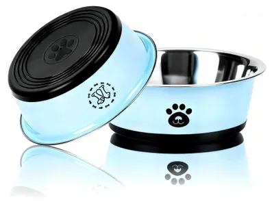 Produktbild von 2er Set Hundefässer aus Edelstahl mit rutschfestem Silikonboden, Futter- und Wasserbehälter für kleine bis mittelgroße Hunde, 860 ml, Blau