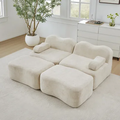 Image de Canapé modulable deux places avec 2 poufs, velours, coussins d'accoudoirs amovibles, 192 x 167 x 70 cm, beige