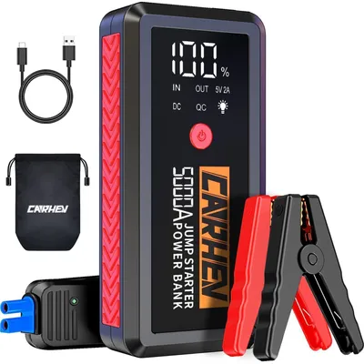 Immagine prodotto di Powerbank di avviamento Starthilfe da 5000A per auto, booster per batterie automobilistiche da 12V, compatibile con motori a benzina/diesel fino a 8.0L, con ricarica USB rapida e torcia LED