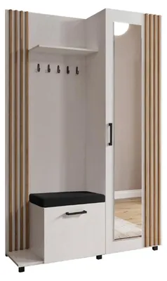 Produktbild von Margaret Hadas24 Garderobe NELI mit Lamellen und Spiegel, Garderobenset mit Sitzbank und Schuhschrank für Flur, (weiß, artisan) links