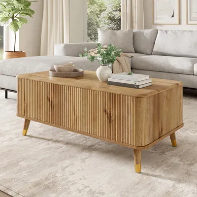 Productafbeelding van STILVORA salontafel met verstelbare tafelbladhoogte en opbergruimte, woonkamertafel met golfpatroon, salontafel met houten uitstraling en houten poten