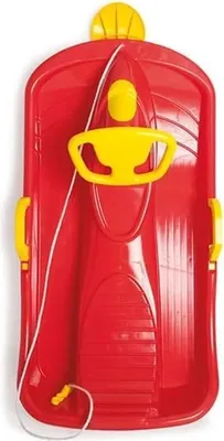 A red plastic sled with yellow accents, including a steering wheel and handles, on a white background.
