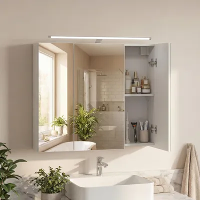 Produktbild von VASAGLE Spiegelschrank, Hängeschrank mit verstellbaren Ablagen, Beleuchtung, 3 Türen, modern, 15 x 70 x 60 cm, weiß