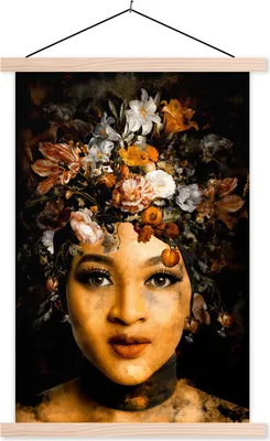Produktbild von MuchoWow® Textilposter Frauen - Blumen - Gold 40x60 cm mit holzfarbenen Rahmen - Poster