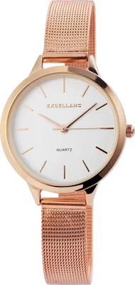 A product shot of a rose gold Excellanc women's watch with a white face.