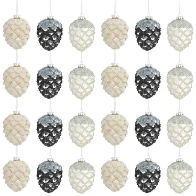 Image de Verre Pomme de pin Décorations d'arbre de Noël Set de 24 pièces Noir Argent Blanc