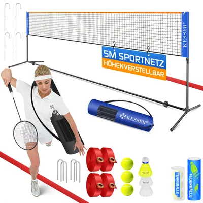 Produktbild von KESSER® Badmintonnetz, Tennisnetz | 300cm | 400cm | 500 cm | Federballnetz 3-Fach-Höhenverstellbar, Set bestehend aus Netz, 3x Feder- & Tennisball, stabilem Eisen-Gestell, Transporttasche, Indoor & Outdoor