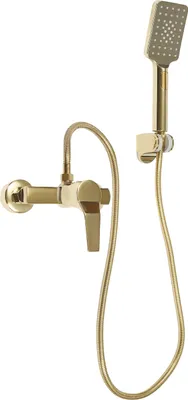 A gold-colored shower set with a handheld showerhead, hose, and faucet, presented against a white background.
