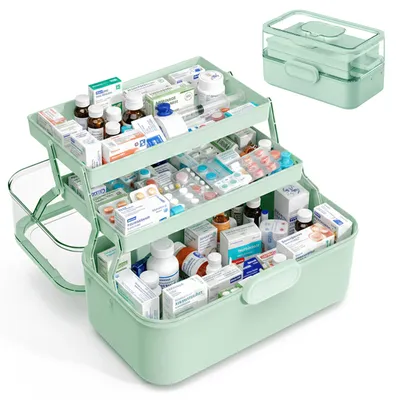 Produktbild von Relaxdays Medizinbox, 3 Ebenen, Pillenfach, aufklappbar, Hausapotheke Box, Kunststoff, HxBxT: 17 x 28,5 x 15,5 cm, grün