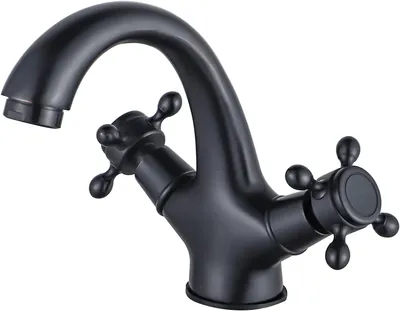 Produktbild von Vintage-Badezimmerarmatur in Schwarz, antike Messing-Waschtischarmatur mit Doppelgriffen und 60 cm Schlauch