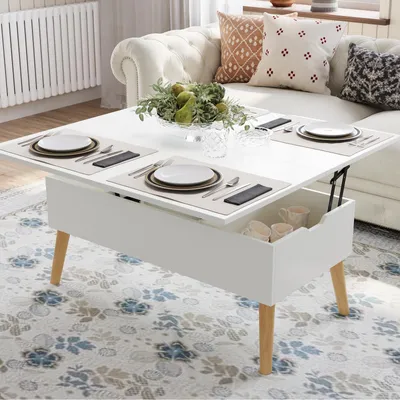 Produktbild von VOWNER Couchtisch Höhenverstellbar, 3-in-1-Multifunktions-Wohnzimmertisch, mit Versteckter Aufbewahrung, Umwandelbarer Couchtisch zum Esstisch, Weiß