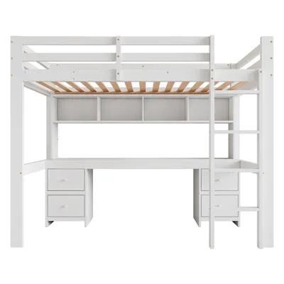Produktbild von Flieks Etagenbett 90x200cm mit Schreibtisch und Schrank, Hochbett mit Regal, Kinderbett Jugendbett mit Lattenrost, Stockbett mit Leiter, Holzbett Weiß