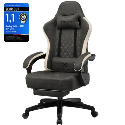 Produktbild von GTPLAYER Gaming Stuhl Ergonomischer Gaming Sessel Schreibtischstuhl Kunstleder, Federsitzkissen, Verbindungsarmlehnen und Fußstütze 150KG, GRAU