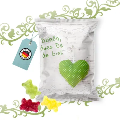 Produktbild von Fruchtgummi Tütchen Schön, dass du da bist Herz grün weiß – Gastgeschenk Hochzeit25 Stück