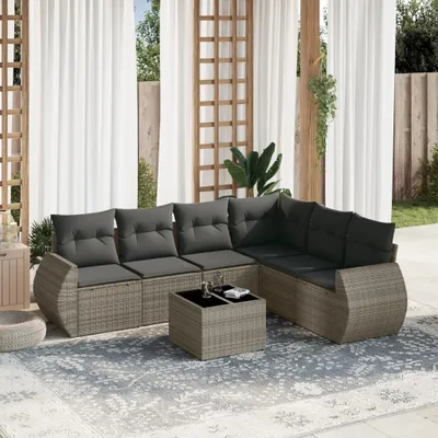 Produktbild von Design 7-tlg. Garten-Sofagarnitur mit Kissen Grau Poly Rattan, Gartenmöbel-Sets 2024 Neu