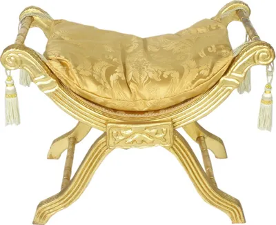 A golden baroque stool with a patterned cushion, presented against a white background.