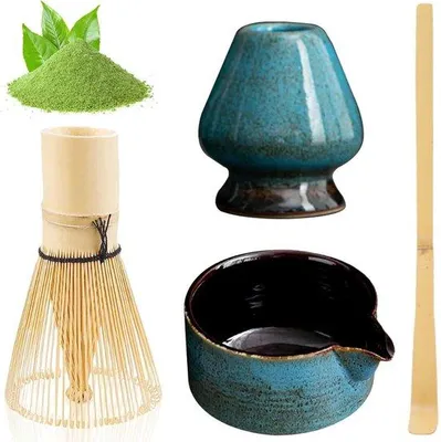 Produktbild von Matcha-Besenzerset mit Matcha-Skala, Teeföhn, Teeständer, Teelöffeln. Handgefertigte keramische japanische Teeset für Teebegeisterte.