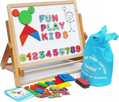 Productafbeelding van Houten schildersezel voor Kinderen Opvouwbaar Double Magnetic Boards Magnetic Shapes Letters Cijfers en papierrol Kids kunstschildersezel -Tafel Top