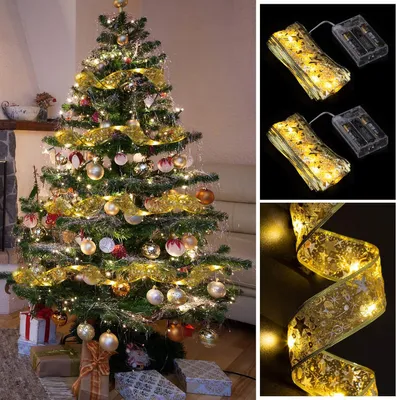 Immagine prodotto di 2 strisce decorative LED da 50 LED, colore oro, ideali per Natale, per decorare l'albero di Natale, lunghezza 5 metri