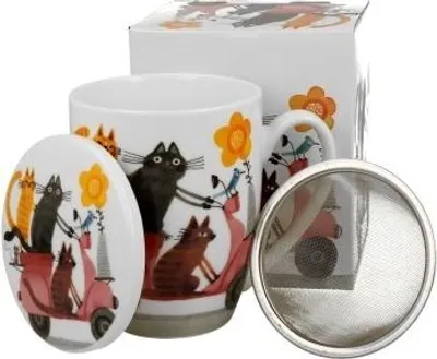 Zdjęcie produktu dla Porcelanowy kubek z sitkiem do herbaty Cat´s World Cats On A Scooter