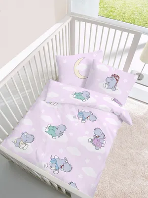 Zdjęcie produktu dla Dwustronna pościel dla niemowląt z motywem hipopotama 100 x 135 + 40 x 60 cm