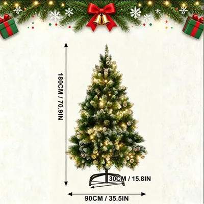 Image de YARDIN PVC : sapin de Noël et sapin de Noël décoratif, 180 cm, effet neige, sapin avec éclairage LED blanc chaud, décorations en forme de cônes de pin, décorations de Noël
