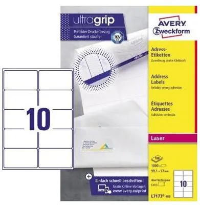 Produktbild von Avery L7173-100, Selbstklebeeticket, Weiß, Papier, Laser/Inkjet, Permanent, Abgerundetes Rechteck