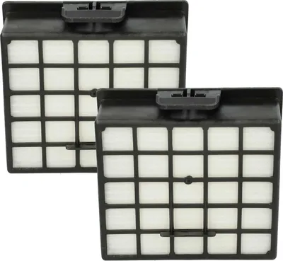Two black vacuum cleaner filters with white filter material are shown side by side on a white background.