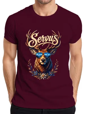 Produktbild von Servus Hirsch Geweih Sonnenbrille Edelweiß Alpen Lederhose Dirndl Herren T-Shirt, Burgundy, 3XL