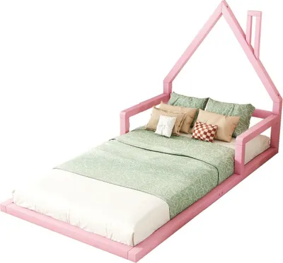 Image de Lit pour enfant - Lit plat - Forme de maison - Bois massif en pin - Forme simple - 90*200 cm - Rose