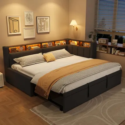 Productafbeelding van Uittrekbaar dagbed, linnen slaapbank met LED-verlichting en open opbergruimte, enkelbed/dubbelbed zonder matras, 90 x 200 cm/180 x 200 cm, grijs