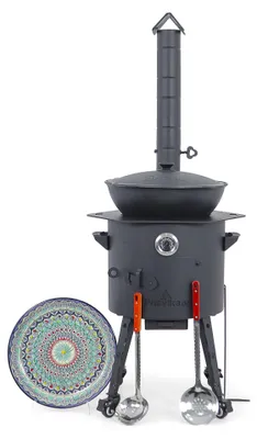 Produktbild von Utschak Feuerofen Ø 40 cm + Gusseisen-Kasan 12 L, runder Boden + Küchenzubehör, Usbekischer Kochtopf aus Gusseisen