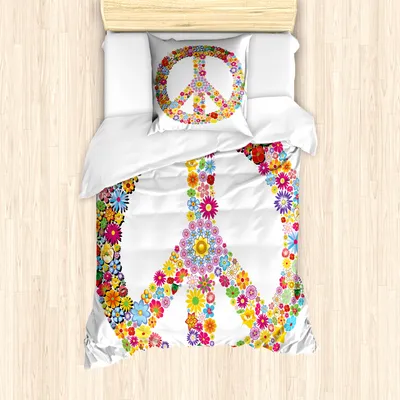 Produktbild von ABAKUHAUS Hippie Bettbezug Set für Einzelbetten, Blumenfriedenssymbol, Milbensicher Allergiker geeignet mit Kissenbezug, Mehrfarbig