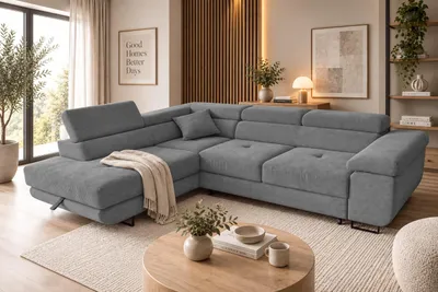 Produktbild von KSHOMECONCEPT Ecksofa GUSTAW L links, Cord, Dunkelgrau, mit Schlaffunktion und Bettkasten, KI-generiertes Bild
