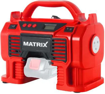 A red and black battery-powered air compressor with a gray battery pack inserted.