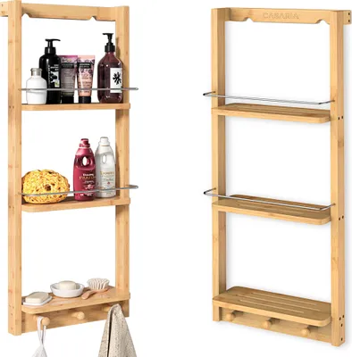 Produktbild von CASARIA® Półka prysznicowa Bambusowa Półka prysznicowa Półka wisząca 3 półki 3 haczyki 70x29x10cm Półka Prysznic Łazienka Wiszące drewno