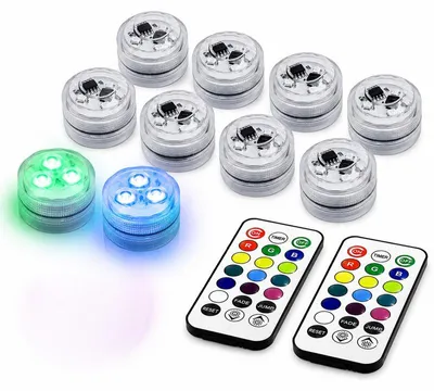 Produktbild von 10er-Set Mini Unterwasser LED, IP68, 13 Farben RGB, 2 Fernbedienungen, Timer, Batterie – für Vase, Aquarium, Teich